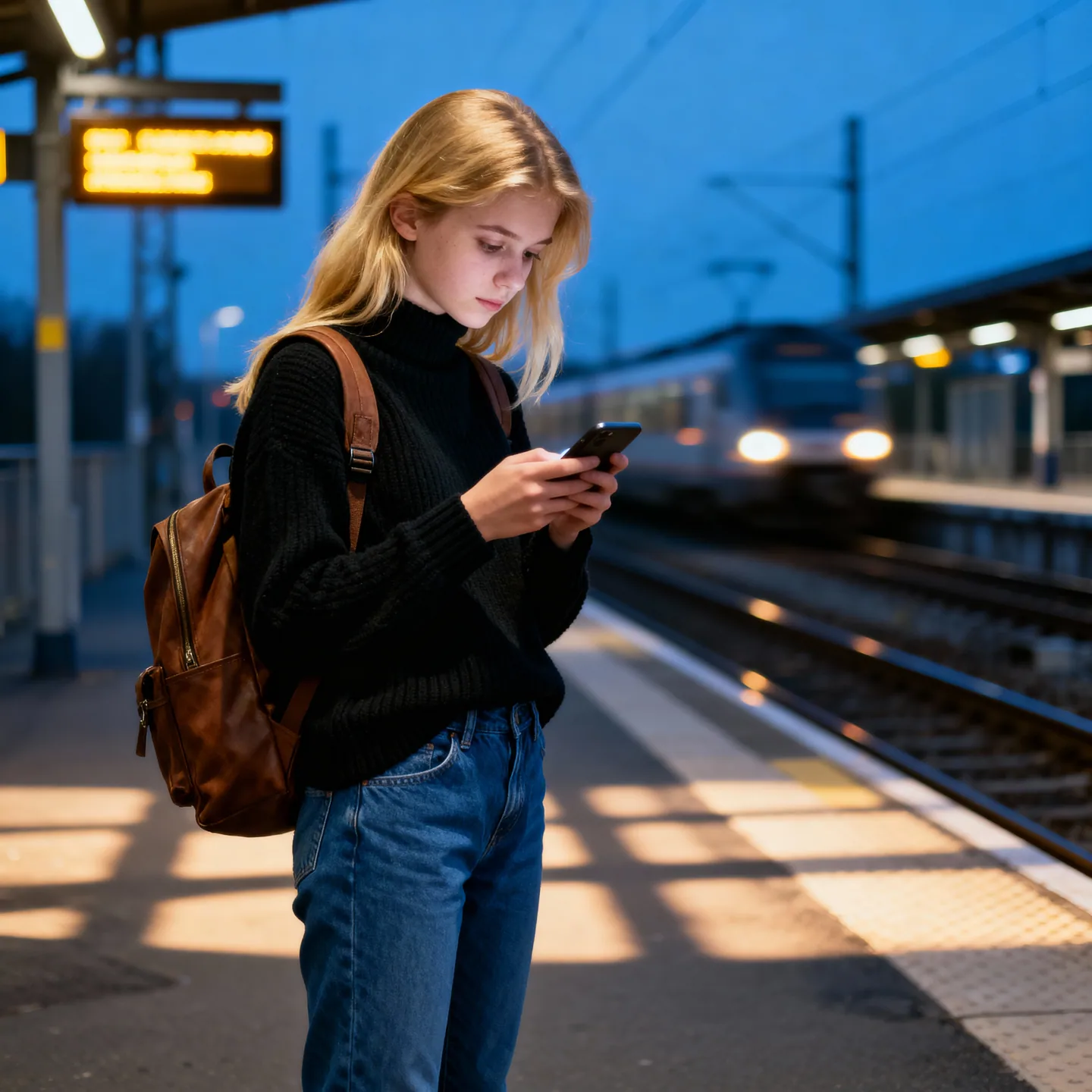 Девушка с телефоном на железнодорожной платформе в сумерках
